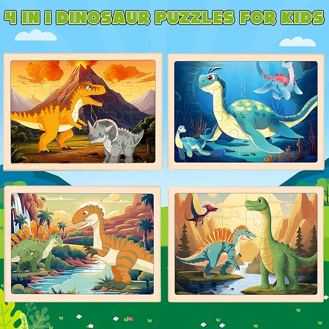 Wooden Dinosaurs Puzzles for Kids Age 3 4 5 Year Old, 4 Pack 24 Pcs Montessori Toddler Jigsaw Puzzles for Girl boy Activities Preschool Learning Educational Birthday Gift Travel Autistic Wooden Toys