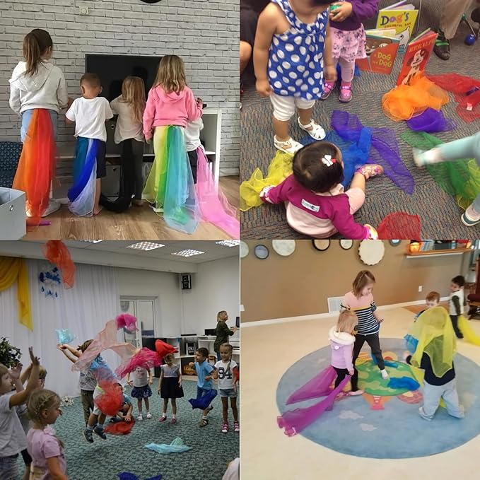 Juggling Scarves, 12 PCS Dance Scarves for Kids Play Silk Scarve for Toddlers Children Movement Music Scarf Magic Tricks Performance Props Accessories Rhythm Band Scarfs 12colors 24 inches