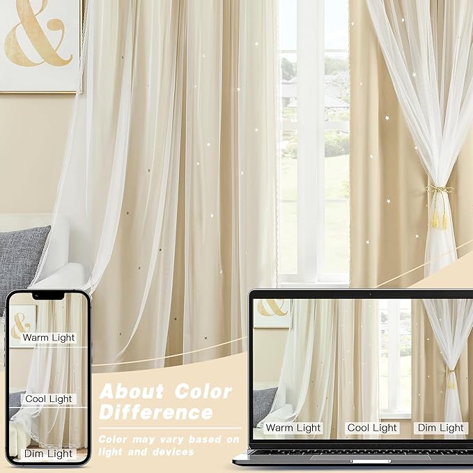 XiDi Beige Curtains with Sheer Overlay for Living Room Bedroom Small Window 2 Panels 80% Blackout Double Layer Star Curtains for Kids Girls Room Darkening Grommet Drapes with Tiebacks W34 X L45