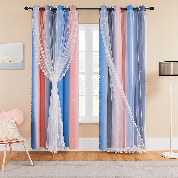 XiDi Blackout Curtains for Girls Bedroom Decor 2 Panels Set, Rainbow Star Design Ideal Drapes for Kids Room with Unicorn Theme Princess Room Decor 45 Inches Length Pink/Grey/Blue 34x45