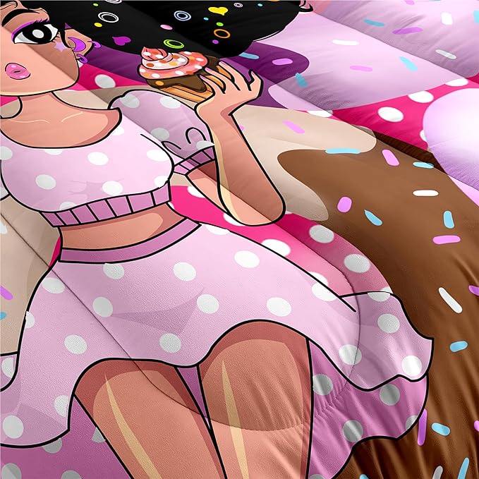 African Black Girl Comforter Set Princess Bedding Kids Comforter Sets Gifts Girls Bedroom Decor Pink Full Size Quilt Sets with 2 Pillowcases