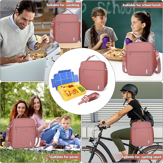 NOL Nylon Waterproof Kids Lunch Bag, Insulated Lunch Bag, Lunch box Cooler, Reusable, Zip Closure with Buckle Handle Holds Lunch Box, Snacks & Water Bottle for School Work, Dark pink