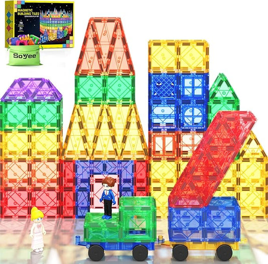 Soyee Magnetic Tiles with 2 Cars Kids Gifts Boys Toys for 3 Year Old Boys Educational Toys for Toddlers Kids Age 3-5 4-8 Car Train Building Toys