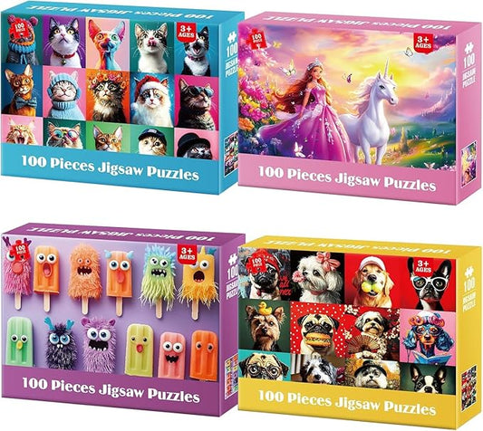 4-Pack 100 Piece Puzzles for Kids Ages 4-6 6-8 8-10 - Cat Dog Portraits Popsicles Unicorn Puzzle for Girls 4-6 Years Old 100 Piece Jigsaw Puzzle for Adults Toddler Children Learning Educational Toys