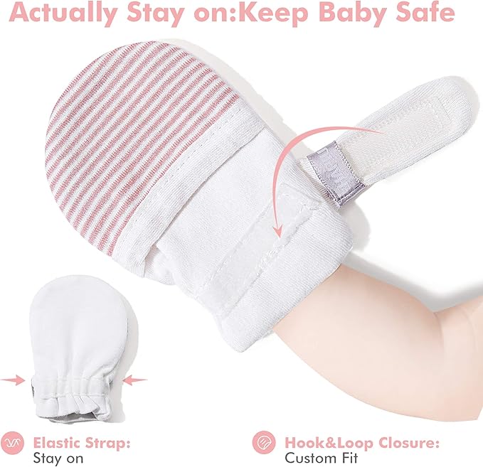 HAPIU Baby No Scratch Mittens Stay On, 100% Cotton Breathable, Adjustable Infant Gloves for Boys Girls, Newborn - 12 M