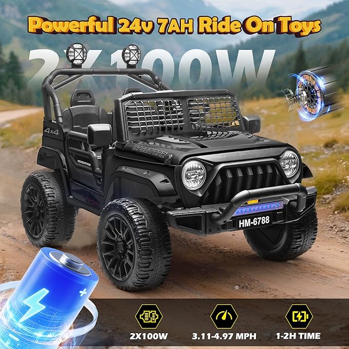 2 Seater Ride on Car for Kids, 24V Electric Vehicles w/20 Large Wide Seat, 4 Wheeler Suspension, Remote Control, 3 Speed, Bluetooth Music, Ride on Truck for Boy, Girl 3-8 Years Old, Black