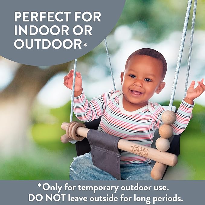 Monkey & Mouse Baby Swing, Cream Indoor Outdoor Portable Hanging Chair - Infant & Toddler Kids 6 Months - 4 Years, Cotton Canvas & Beech Wood Frame, Sensory Hammock Boy & Girl Seat w/Wooden Toys