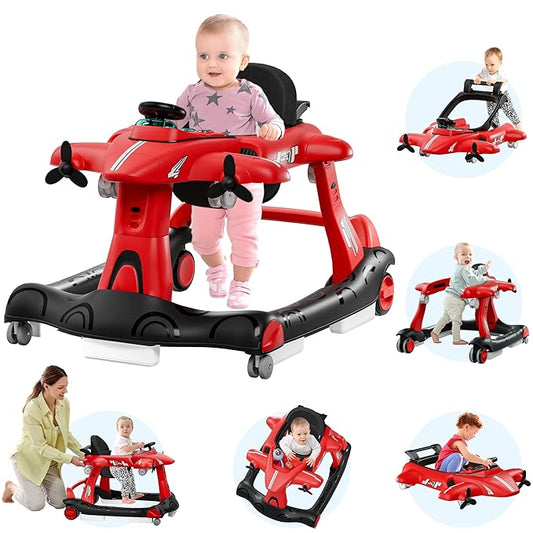Xilingol 6-in-1 Baby Walker with Wheels, Adjustable Height & Speed Activity Walker with Padded Seat, Foldable Walker for Babies, Toddler Push Walkers for Boy & Girl 6-18 Months, Music & Light