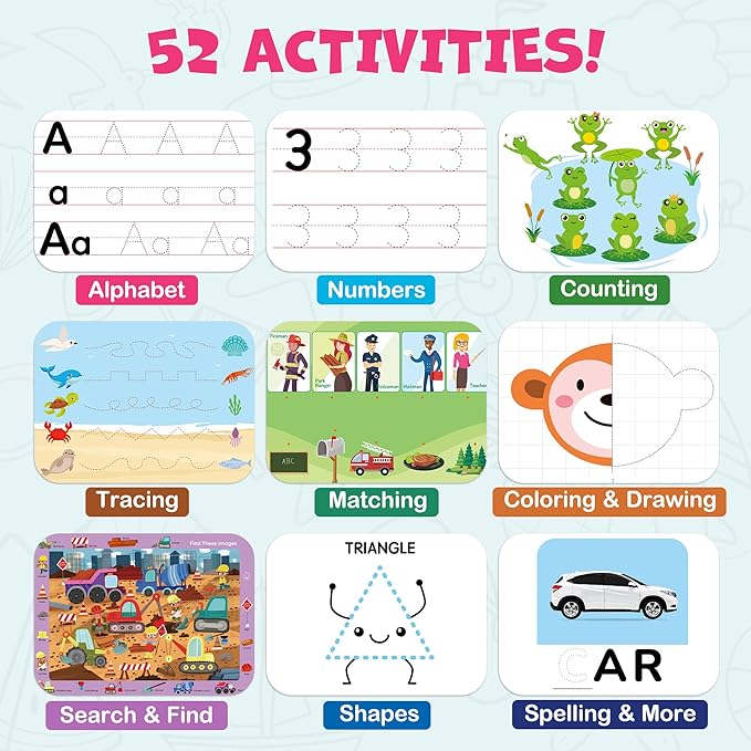 BenBen Preschool Learning Activities, 52 Pages, Tracing Books for Kids Ages 3-5, Kindergarten Workbooks, Toddler Writing Practice, Pre K Busy Book Educational Toys, Autism Learning Materials
