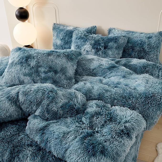 PERFEMET Plush Fluffy Comforter Set Twin Size Kids 3 Piece Turquoise Shaggy Faux Fur Tie Dye Bedding Set Super Soft Long Hair Fuzzy Furry Bed Comforter for Boys Girls(Turquoise, Twin)
