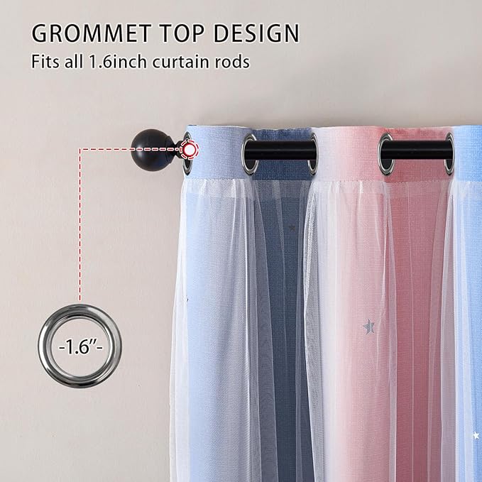 XiDi Blackout Curtains for Girls Bedroom Decor 2 Panels Set, Rainbow Star Design Ideal Drapes for Kids Room with Unicorn Theme Princess Room Decor 45 Inches Length Pink/Grey/Blue 34x45