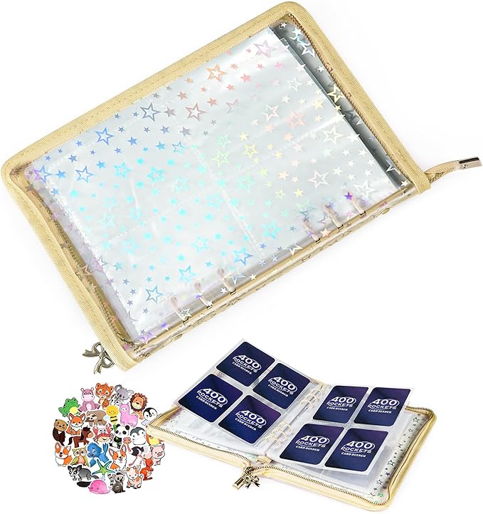 4 Pocket Card Binder with 20 Stickers, Trading Card Binder for 400 Cards, Kpop Photocard Binder, Card Collection Binder for MTG, TCG, Sports Cards, Game Cards, Cute Binder, Sticker Organizer (White)
