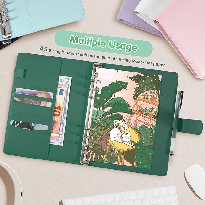 A5 Photocard Holder and Binder, PU Leather 6-Ring Album with Magnetic Closure, Includes 30 Pack 4-Pocket Pages for 240 Cards, Card Holder for Kpop, Trading, and ID Cards (Forest Green)
