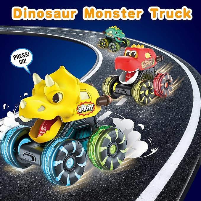 3 Pack Dinosaur Monster Truck Toys with Light-Up LED Wheels for Toddlers Kids