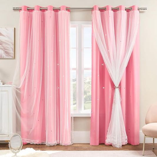XiDi Pink Curtains for Bedroom Decor, Baby Pink Kids Blackout Curtains for Girls Room, Princess Unicorn Wall Decor Set of 1 Panel, 34x63 Inches