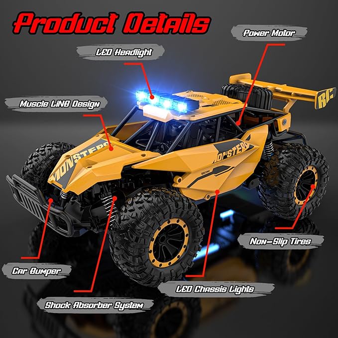 BLUEJAY Remote Control Car for Boys, RC Cars, 1:12 Monster RC Truck Off Road with LED Headlight and Rechargeable Battery Gifts for Adults Boys 8-12