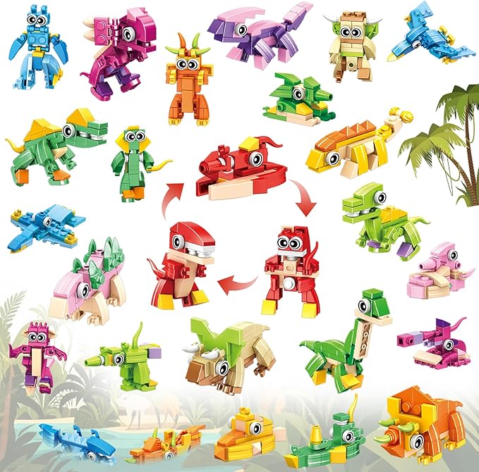 24 Pack Mini 3-in-1 Dinosaur Building Set, Kid's Classroom Gifts Build Block Toy Stocking Stuffers, Classroom Prizes Goodie Bags Fillers, Party Favors Boxes for Boys Girls 6 8 10 12