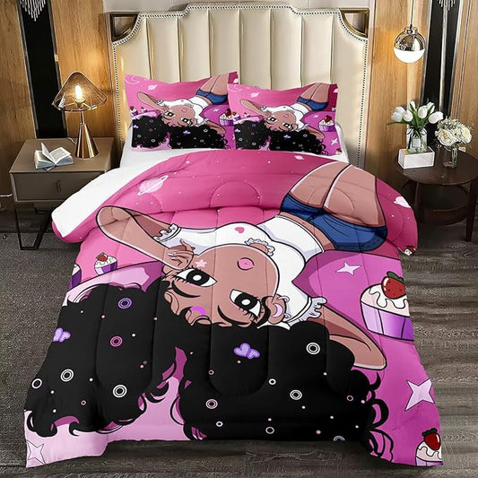 Black Girl Comforter for Bedroom Decor Pink Full Quilt Set with 2 Pillowcases Black Magic Comforter Gifts for Kids