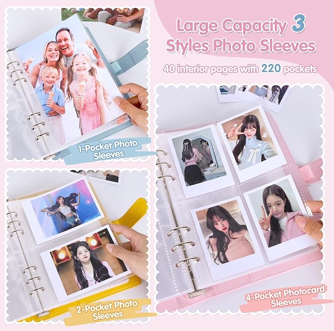 Antner A5 Kpop Photocard Binder 6-Ring Card Collector Album with 40 Pack Card Sleeves, PU Leather Photocard Holder Book with Multi-Size Photo Protectors for Organizing Trading Cards, Pink A5 Binder