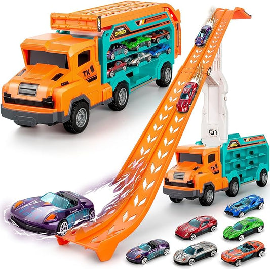 Kids Toys for 3 4 5 6 7 8 Years Old Boys, Carrier Truck Transport Car Toys, Foldable 2 Layer Car Race Track Playset with 25-in Race Track, 6 Metal Toy Cars, Birthday Toy Gift for Toddler-Orange