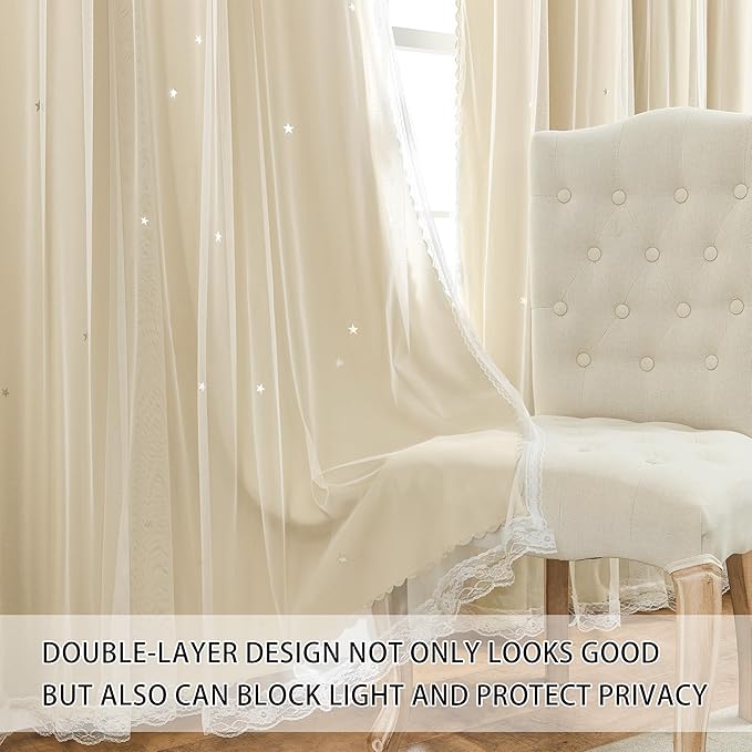 XiDi Beige Curtains with Sheer Overlay for Living Room Bedroom Small Window 2 Panels 80% Blackout Double Layer Star Curtains for Kids Girls Room Darkening Grommet Drapes with Tiebacks W34 X L45