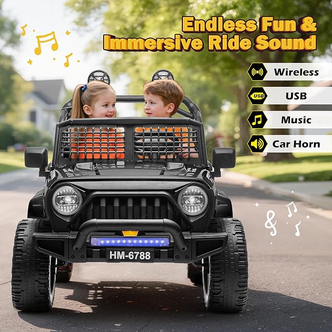 2 Seater Ride on Car for Kids, 24V Electric Vehicles w/20 Large Wide Seat, 4 Wheeler Suspension, Remote Control, 3 Speed, Bluetooth Music, Ride on Truck for Boy, Girl 3-8 Years Old, Black
