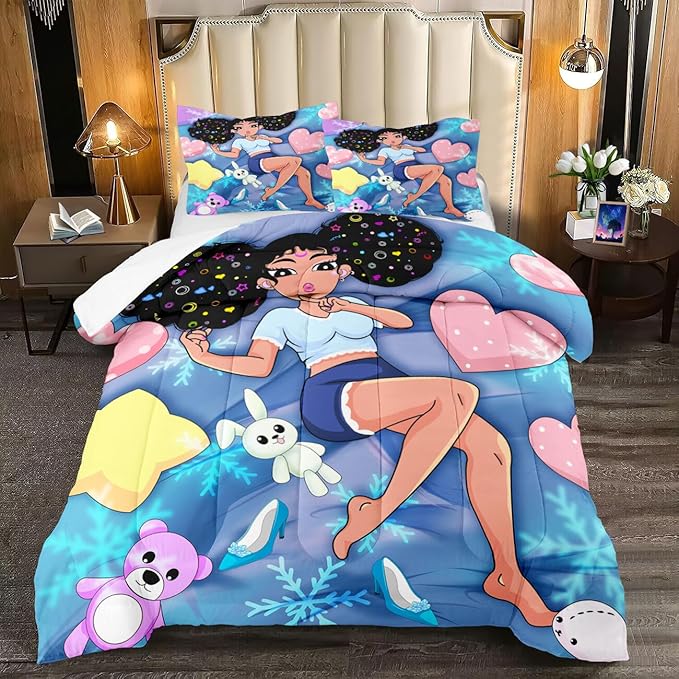Black Girl Comforter Set - Full Size for Girls Bedroom Decor African American Bedding Blue Quilt with 2 Pillowcases Kids Sets Gifts Teens