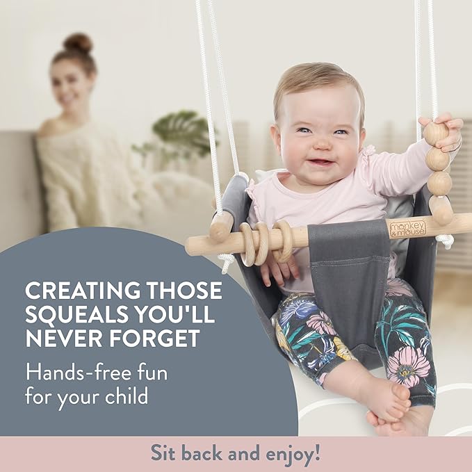 Monkey & Mouse Baby Swing, Pale Yellow Indoor Outdoor Portable Hanging Chair, Infant & Toddler Kids 6 Months - 4 Years, Cotton Canvas & Beech Wood Frame, Sensory Hammock Boy & Girl Seat w/Wooden Toys