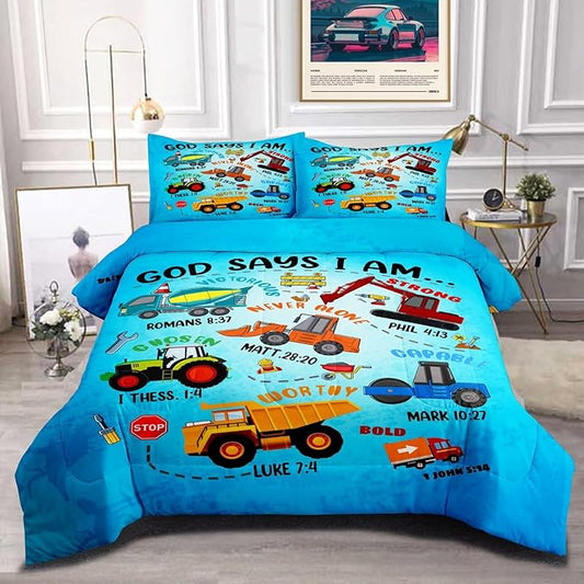 Boys Construction Vehicles Truck Comforter Set Twin,Christian Kids God Says I Am Construction Bedding Set,Car Excavator Tractor Bedroom Set（1 Comforter 2 Pillowcase） Blue