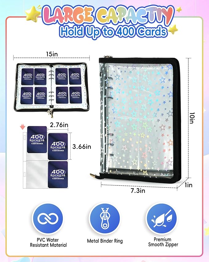 4 Pocket Card Binder with 20 Stickers, Trading Card Binder for 400 Cards, Card Collection Binder, Cute Mini Cards Binder, Sticker Organizer, Kpop Photocard Binder (Black)