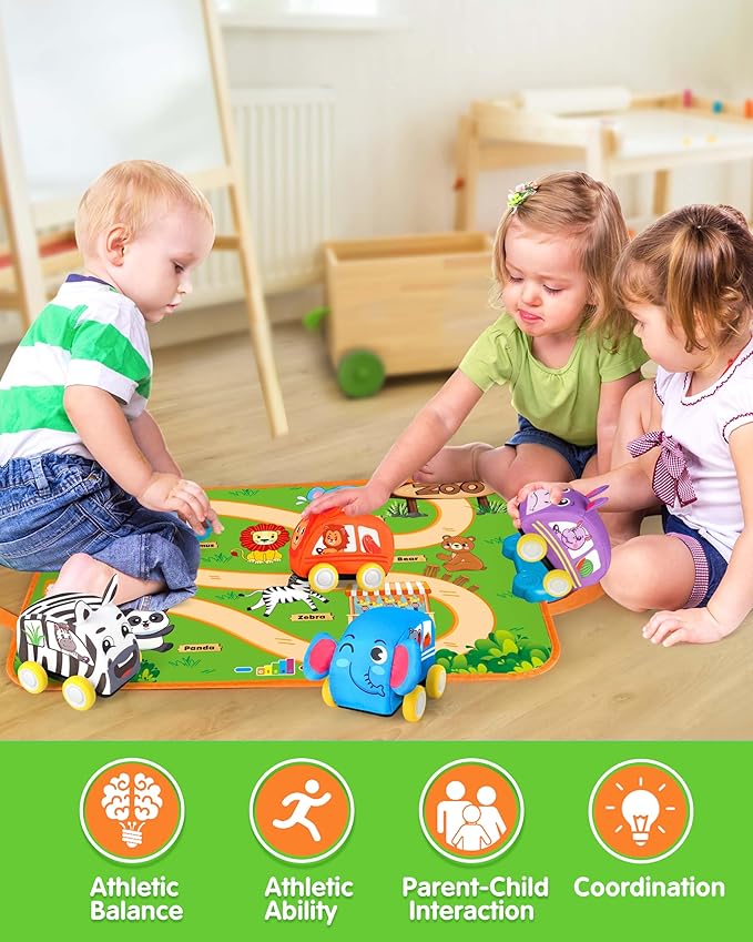 Vanmor Baby Car Toys for 12 Month Old Toys, Musical Playmat with 4 Animal Soft Pull-Back Vehiclefor 1 Year Old, Soft Baby Learning Toys 12-18 Months, 1st Birthday Xmas Gift for Toddlers