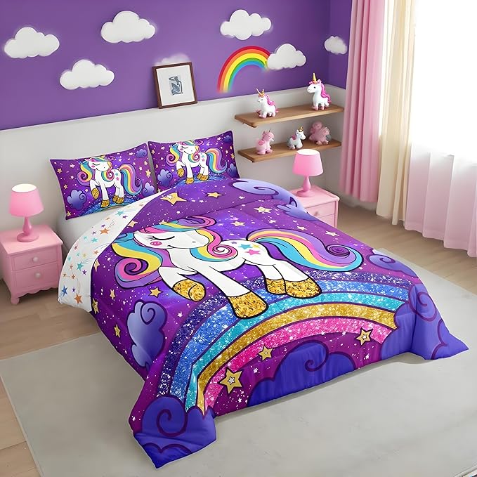 Feelyou Unicorn Bedding Twin Bed Sets for Girls Purple Cute Unicorn Comforter for Girls Comforter Set Star Print Kawaii Duvet Quilt Bedroom Decor Rainbow Bedding Cartoon Quilt,All Season