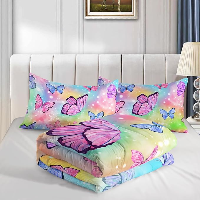 Rainbow Bedding Set with 1 Comforter and 2 Pillowcases for Boys and Girls Bedroom - Watercolor Butterfly Full