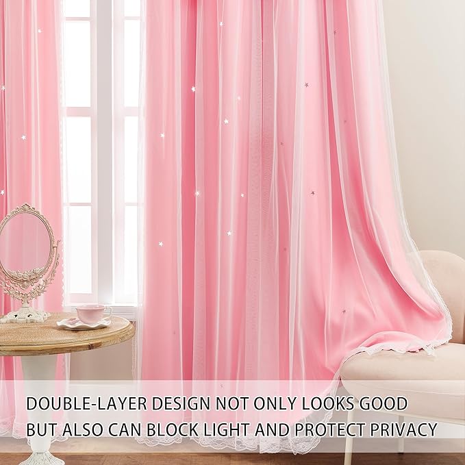 XiDi Pink Curtains for Bedroom Decor, Baby Pink Kids Blackout Curtains for Girls Room, Princess Unicorn Wall Decor Set of 1 Panel, 34x63 Inches