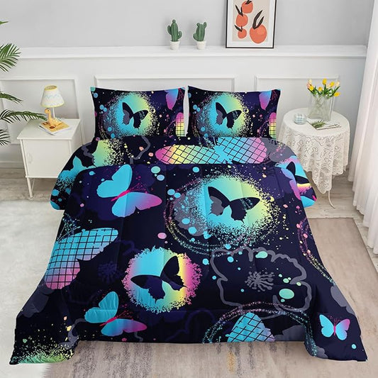 Kids Comforter Set Blue Black Butterfly Printed Pattern Bedding Set with 1 Comforter and 2 Pillowcases for Girls Boys Bedroom All Season(Blue Butterfly Queen)