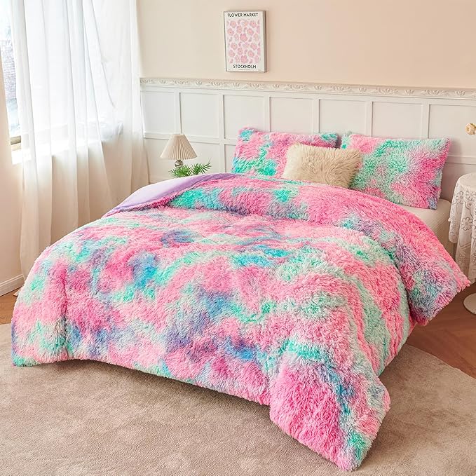 PERFEMET Pink Blue Fluffy Comforter for Girls Twin Size 3-Piece Ultra Soft Tie-Dyed Faux Fur Plush Bedding Comforter Sets Warm Cozy Tie Dyed Velvet Fuzzy Furry Bed Set for Kids Teens(Pink Blue, Twin)