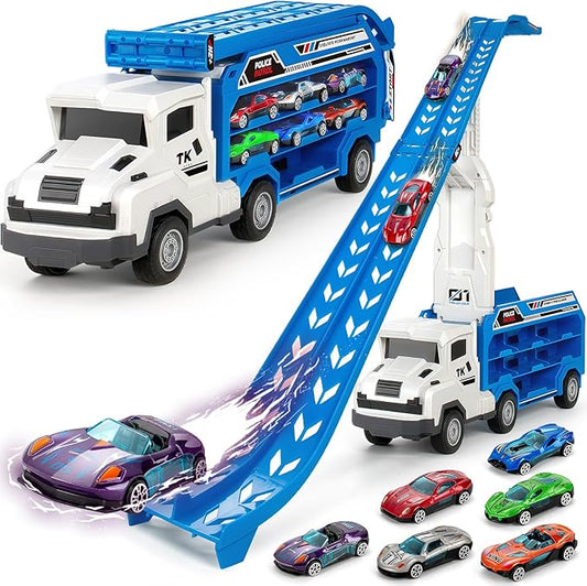 Kids Toys for 3 4 5 6 7 8 Years Old Boys, Carrier Truck Transport Car Toys, Foldable 2 Layer Car Race Track Playset with 25-in Race Track, 6 Metal Toy Cars, Birthday Toy Gift for Toddler-Blue