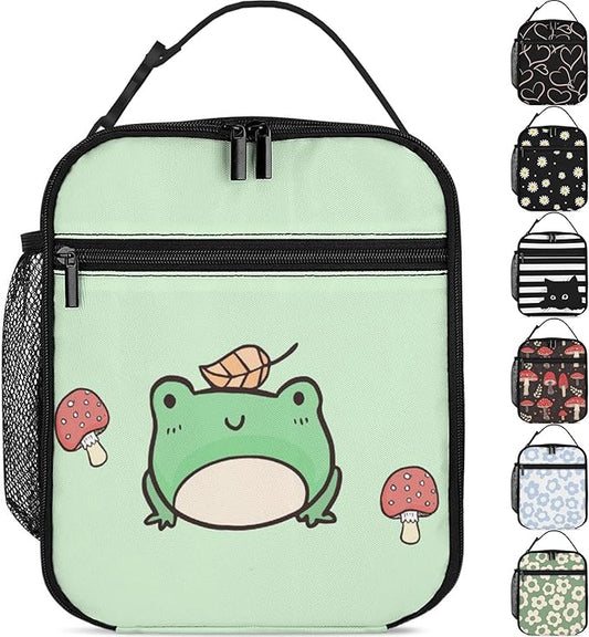Frog and Mushroom Lunch Box Girls Boys Insulated Lunch Bag Reusable Lunchbox with Side Pocket, Cute Lunch Box for Girls Boys, Waterproof Lunch Tote Bag for Women Men Kids Work Office School Picnic