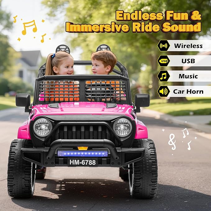 2 Seater Ride on Car for Kids, 24V Electric Ride On Truck Toy w/Remote Control, 4.97 MPH Max, 4 Wheeler Suspension, 3 Speed, Bluetooth Music,LED Light, Ride On Toys for Big Kids, Pink