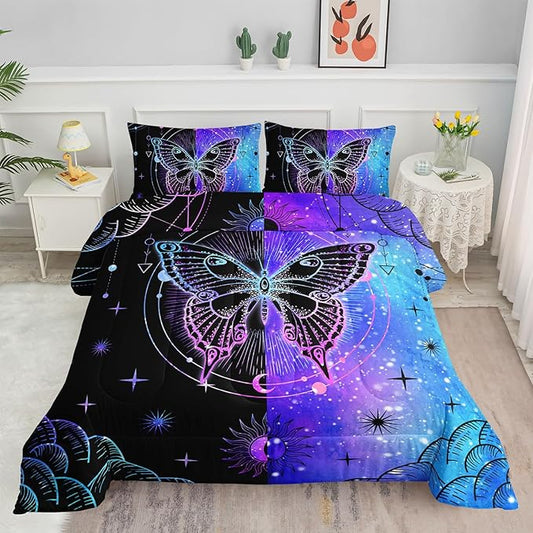 3D Butterfly Comforter Set Blue Black Symmetrical Butterfly Printed Bedding Set with 1 Comforter and 2 Pillowcases for Boys and Girls Bedroom All Season(Butterfly-4 Full)