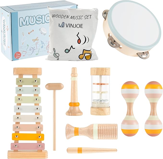 VINJOE Baby Musical Instruments - Montessori Musical Toys for Toddlers 1-3, Neutral Colors Wooden Instruments Set for Kids Preschool Educational 3+ Early Learning Musical Toys Birthday Gifts