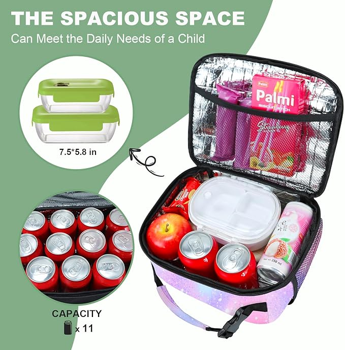 Kids Lunch Box for Boys Girls Lunch Bag Insulated Durable Lunchbox Children Lunch Tote Bag for School Pink Starry Sky