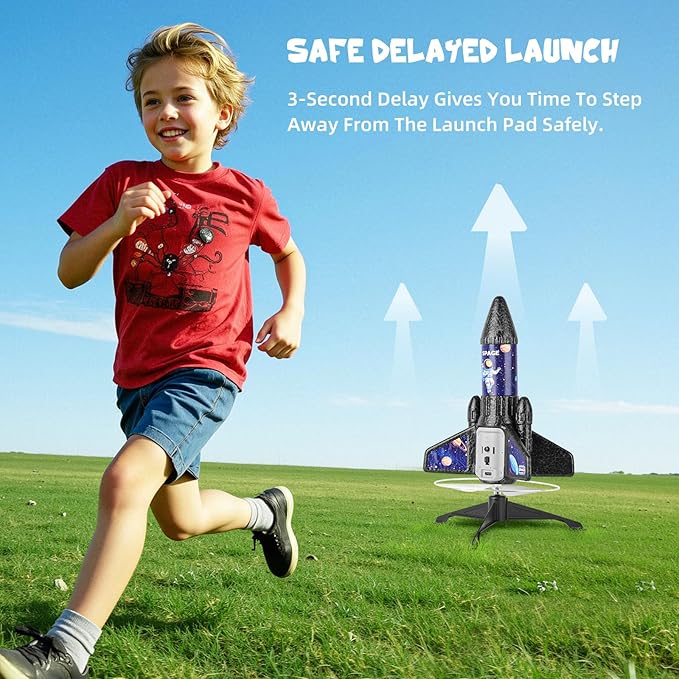 VisionX Rocket Launcher for Kids, 2nd Gen Improved Design, Launch Up to 200ft, Auto-Launch Rocket Toy with Parachute, Outdoor Toys for Ages 5-13, for Boys & Girls, Black