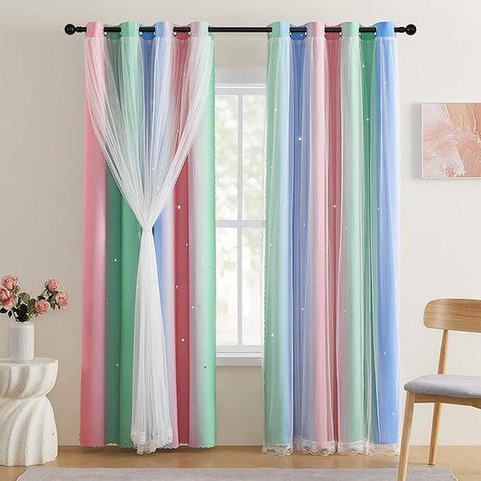 XiDi Pink Green Blue 90 Inches Curtains for Girls Bedroom 2 Panels Set, Blackout Rainbow Curtains for Kids Room Decor, Unicorn Wall Decals Drapes for Little Girl Nursery Room 52 Inches Wide