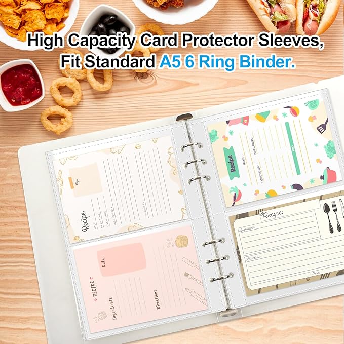 3x5 Index Card Sleeves Binder Sheets - 50 Pack | Clear Plastic Refill 2 Pocket Page Protector for Recipe Cards, Photo Cards, Flash Cards | Fits 6-Ring A5 Binder | Organizer and Holder - 200 Pockets