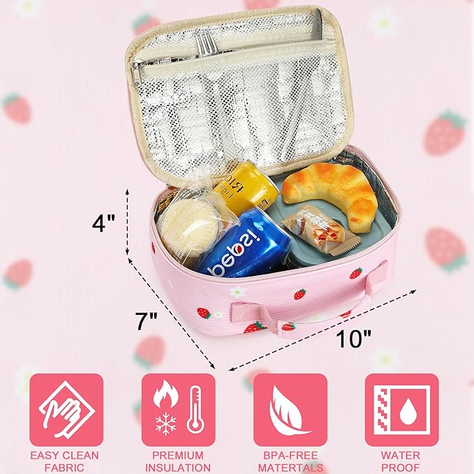 LEDAOU Lunch Box Kids Insulated Lunch Bag Girls Boys Toddler Reusable Lunchbox for School Picnic Hiking (Strawberry-Pink)