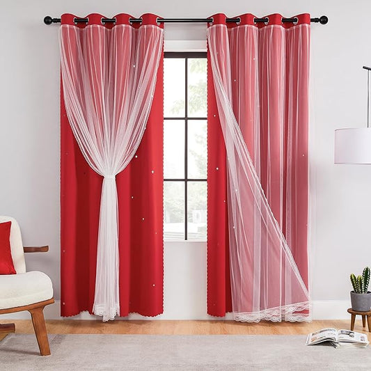 XiDi Red Black Out Curtains for Bedroom Windows Girls Bedroom Decor, Unicorn Curtains for Kids Room 2 Panel 34/84/2
