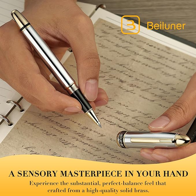 BEILUNER 315 Luxury Rollerball Pen, Stunning Silver Chrome with 24K Gold Finish, Luxury Grade Craftsmanship, Best Pen Gift Set for Men and Women, Graduation, Executive, Office, Fancy, Nice Pens