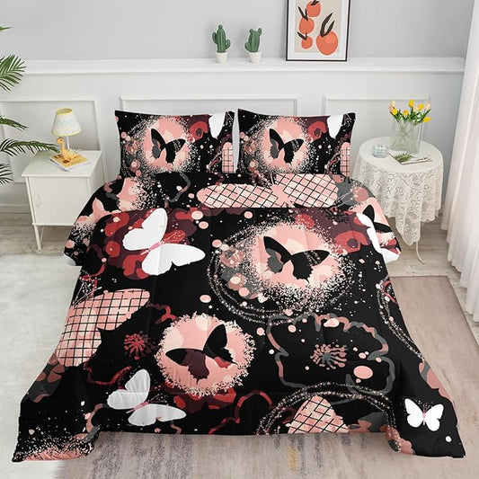 Kids Comforter Set Black Red Butterfly Printed Pattern Bedding Set with 1 Comforter and 2 Pillowcases for Girls Boys Bedroom All Season(White Butterfly Full)
