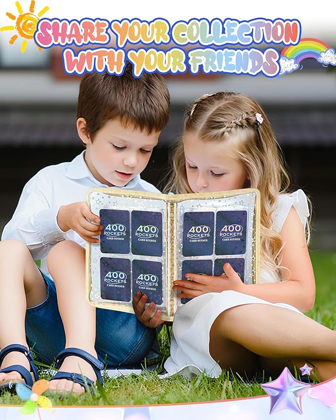 4 Pocket Card Binder with 20 Stickers, Trading Card Binder for 400 Cards, Kpop Photocard Binder, Card Collection Binder for MTG, TCG, Sports Cards, Game Cards, Cute Binder, Sticker Organizer (White)